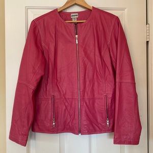 Pink collarless leather jacket
